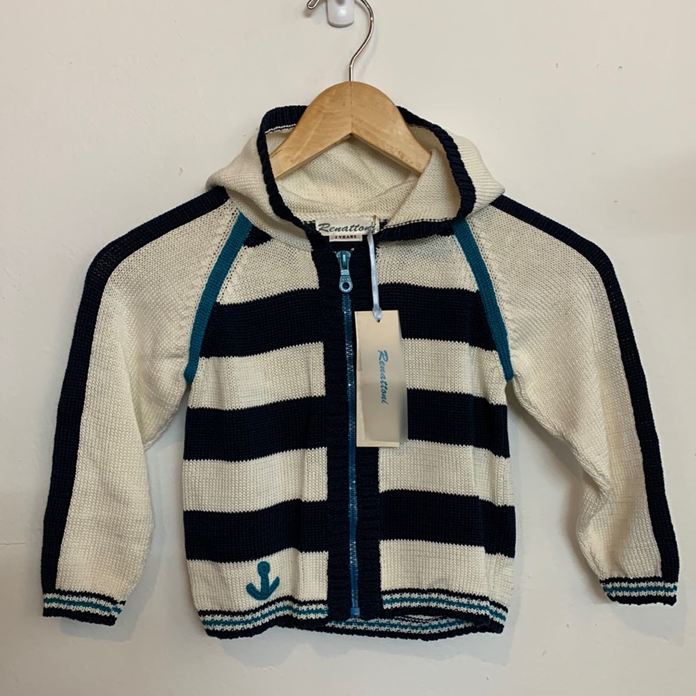 NWT Renattoni Cream and Teal Knit Hooded Zip Cardigan with Anchor Decal - Picture 2 of 5